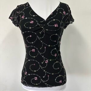 Wrapper Womens Black Embroidered Floral Y2K Fairy Short Sleeve Mesh Top Size M
